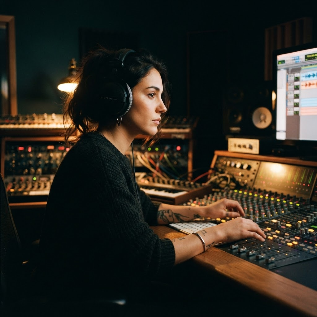 A music artist wearing studio headphones working at a mixing console