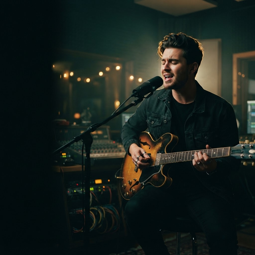 Singer-songwriter with an electric guitar in a dark, moody recording studio