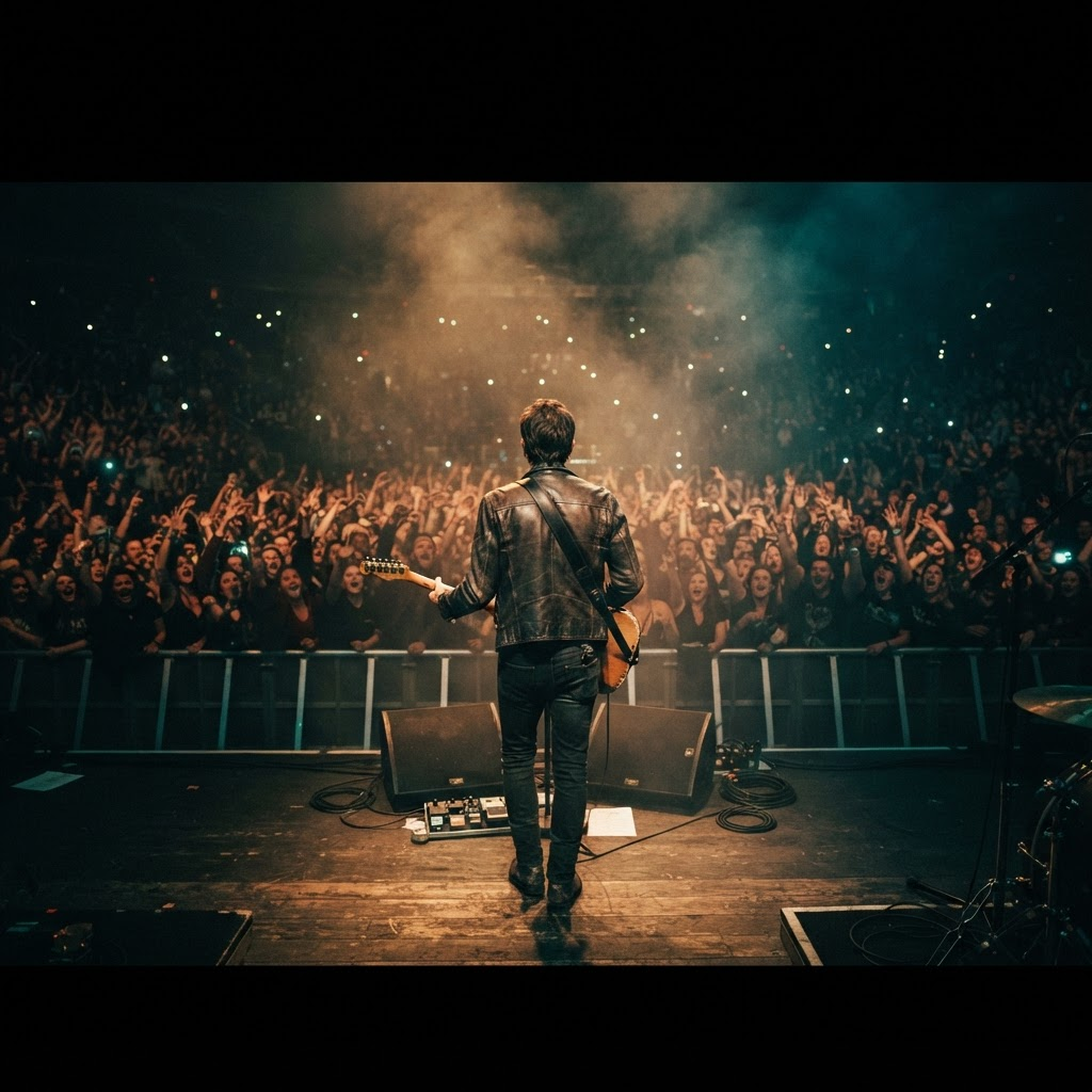 A performer with a guitar facing a crowd with raised hands under stage lights