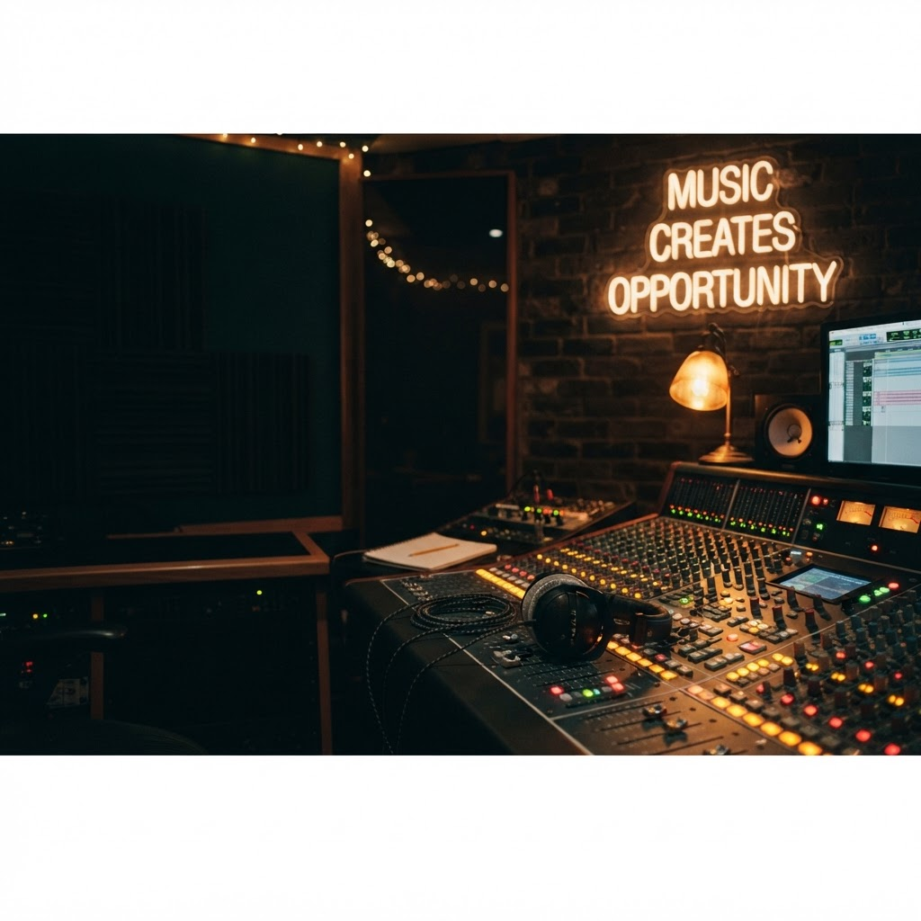 A warm, dimly lit recording studio with a mixing console, headphones, and a glowing neon sign reading Music Creates Opportunity