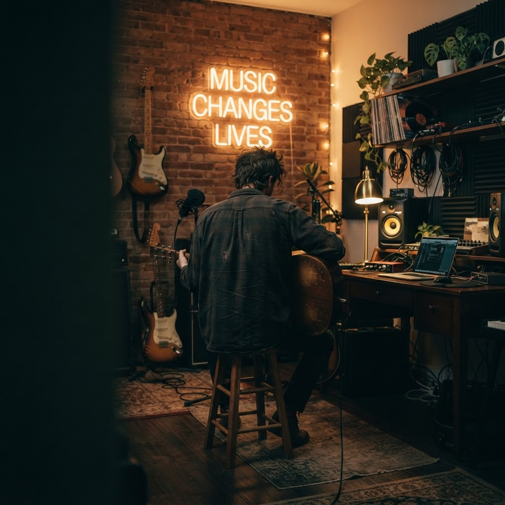 Musician playing acoustic guitar in a warm home recording studio