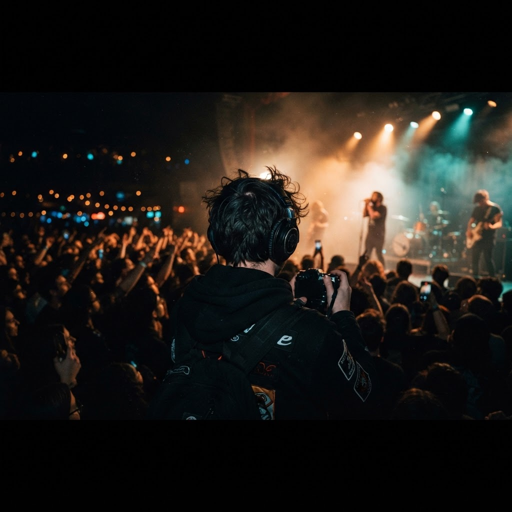 Person wearing headphones among a crowd at a live music venue