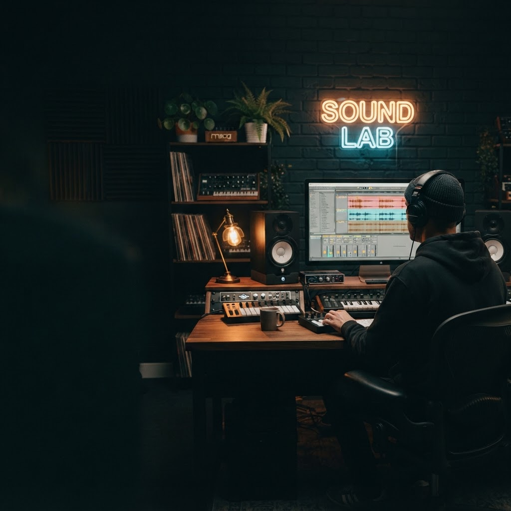 Music-industry professional wearing headphones reviewing tracks on a studio monitor