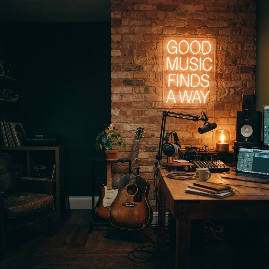 A warm, dimly lit recording studio with an acoustic guitar, headphones, and a glowing neon sign reading Good Music Finds A Way