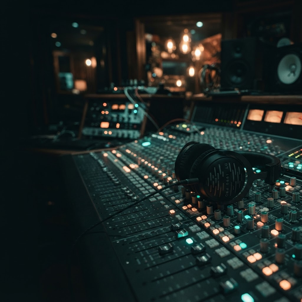 Music-industry professional reviewing submissions at a mixing console